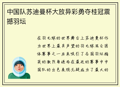 中国队苏迪曼杯大放异彩勇夺桂冠震撼羽坛