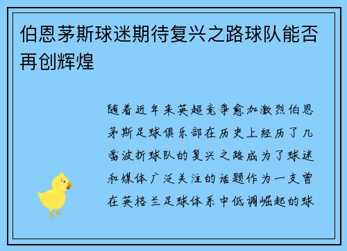 伯恩茅斯球迷期待复兴之路球队能否再创辉煌